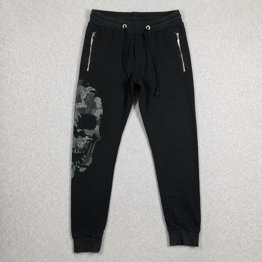Hacker Plein Gothic Camo Rhinestone Skull Sweatpants Joggers Black - Size M - Picture 2 of 15